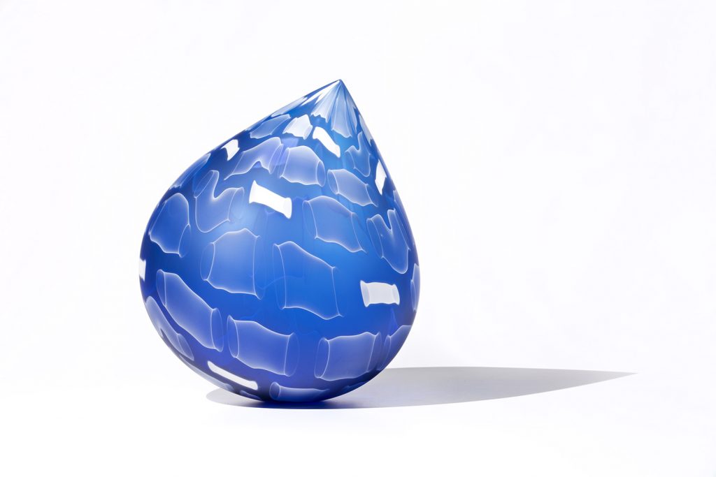 Blue Glass Droplet Sculpture with White Pattern By Nancy Callan 