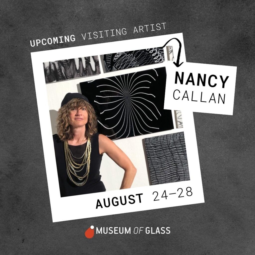 Photo of artist Nancy Callan in a black shirt with gold necklace and text that reads Visiting Artist August 24-28