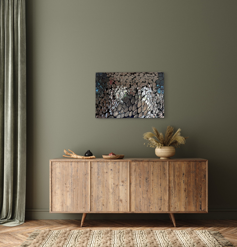 Glass panel installed above walnut sideboard on olive green wall 