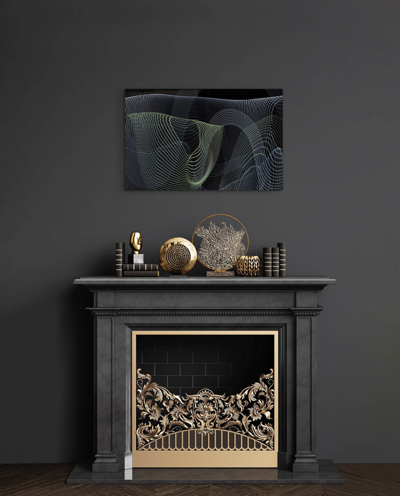 Glass panel installed above fireplace on dark gray wall 